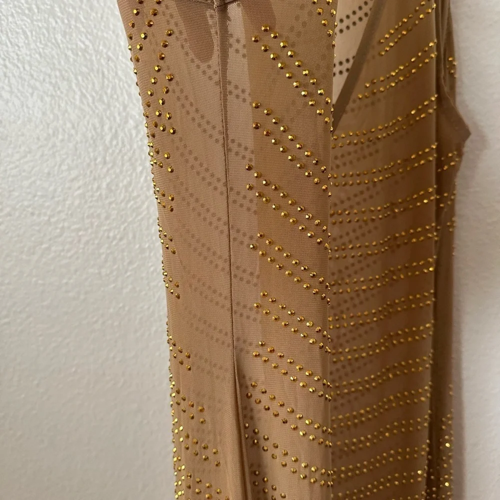 Golden Sheer Gown With Rhinestones Maxi Sleeveless Special Occasions BNWOT